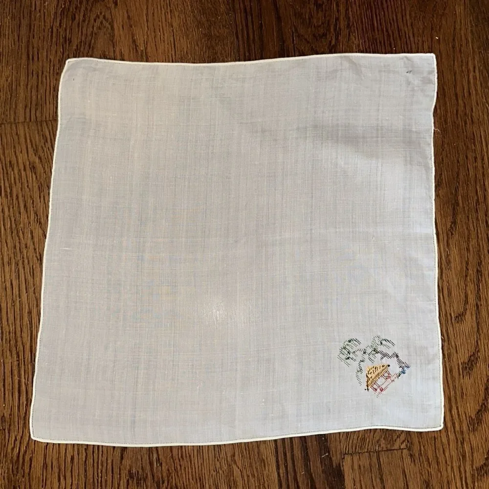 Vintage linen/muslin handkerchief or‎ napkin with embroidered pagoda & tree